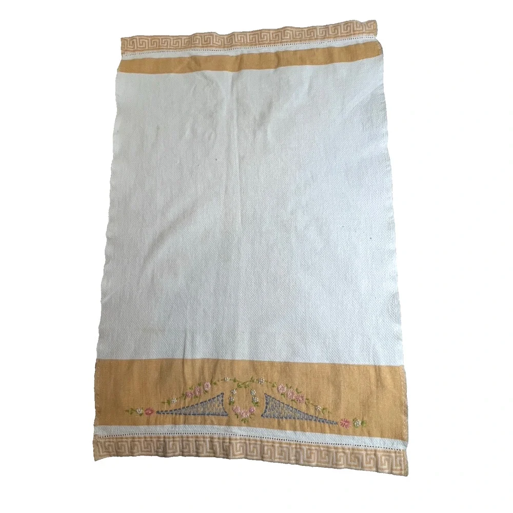 Vintage Embroidered Handtowel Yellow White Cotton 24 x 12.5 Kitchen Linen Floral